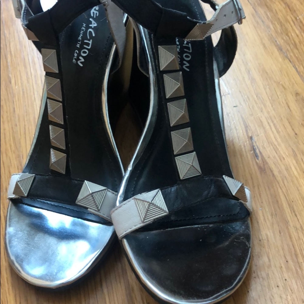 Black and white wedge-heeled sandals